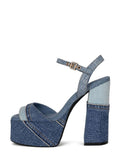 Blue Denim Patchwork Platform Chunky Heeled Sandals With Square Toe Buckle Ankle Strap