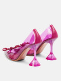 Fuchsia Pink Clear Rhinestone Bow Pointy Half Stiletto Half Flared Slip-On Karma Pumps