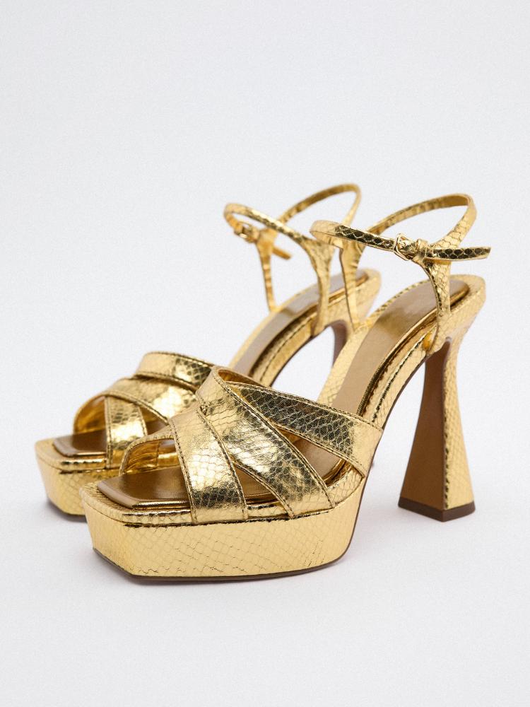 Metallic Gold Snakeskin Cross Strap Platform Flared Heeled Sandals With Ankle Strap