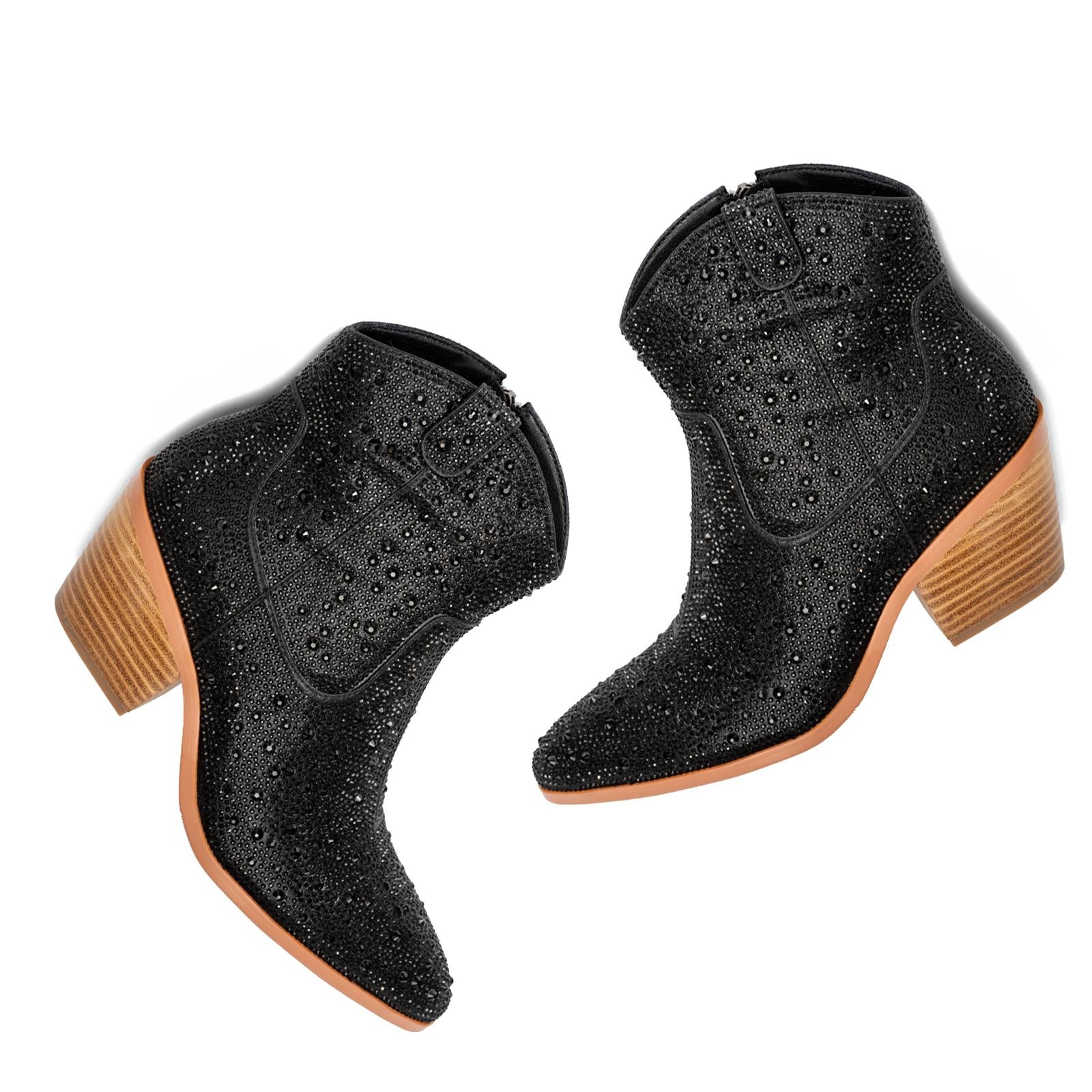 Black Rhinestone Cowgirl Ankle Boots Block Heeled Western Booties