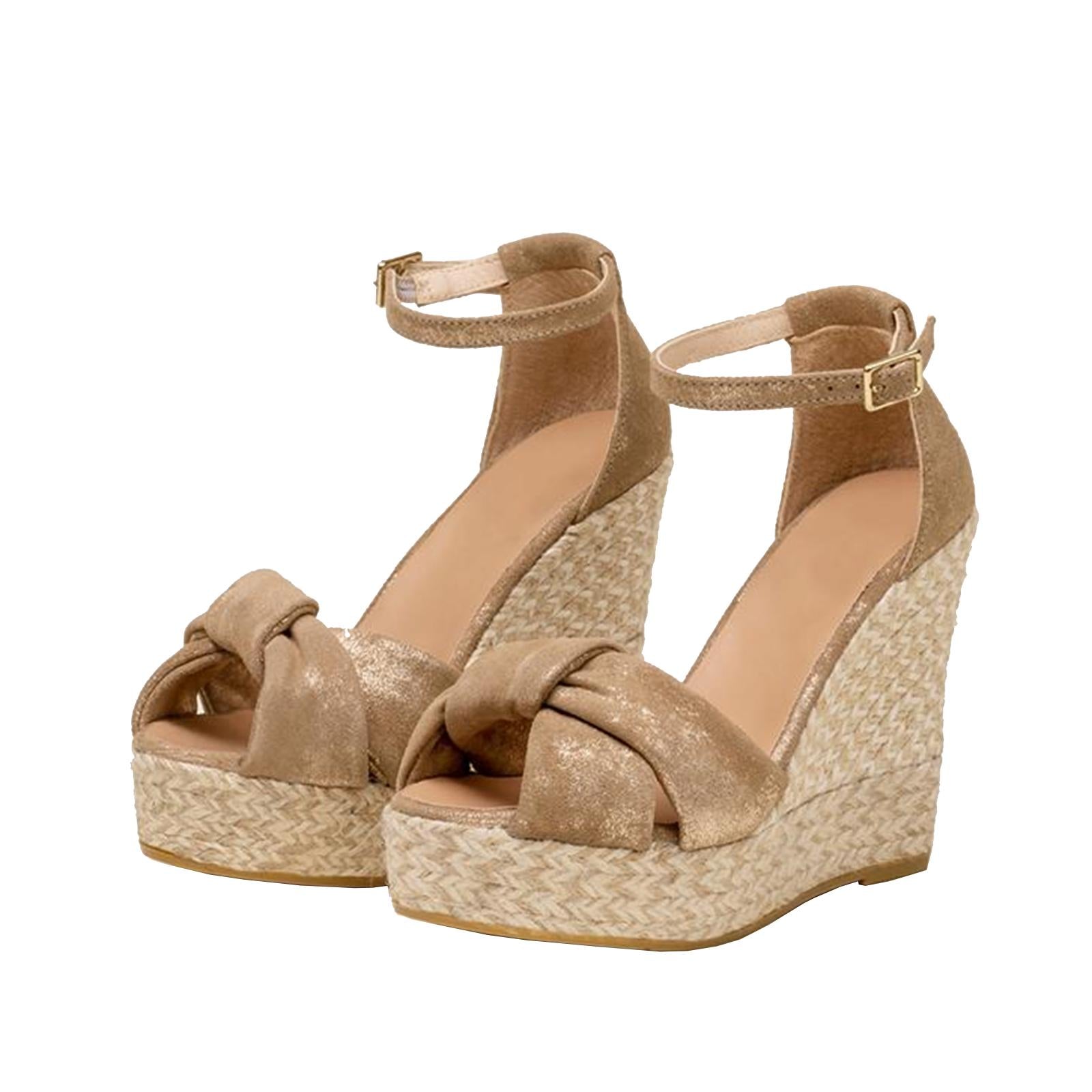 Faux Suede Knot Buckle Ankle Strap Round Raffia Platform Wedge Espadrilles Sandals