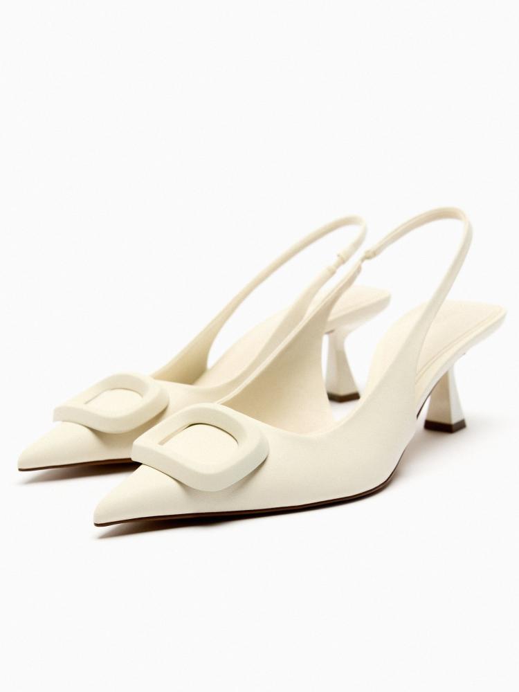 Cream Rectangular Embellishment Pointy Kitten Slingback Pumps