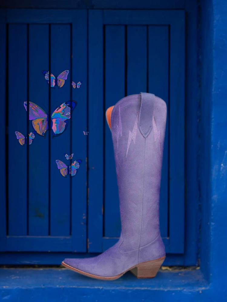 Purple Faux Suede Lightning Embroidered Snip Wide Mid Calf Cowgirl Boots