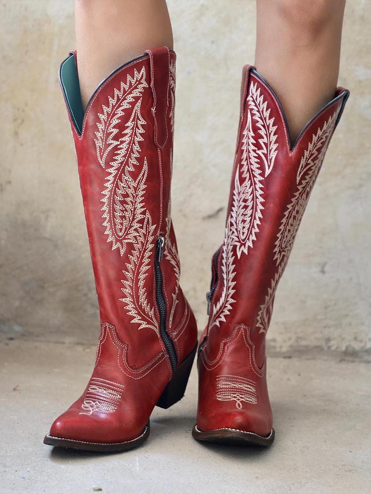 Embroidered Pointy Zip Mid Calf Tall Cowgirl Retro Boots