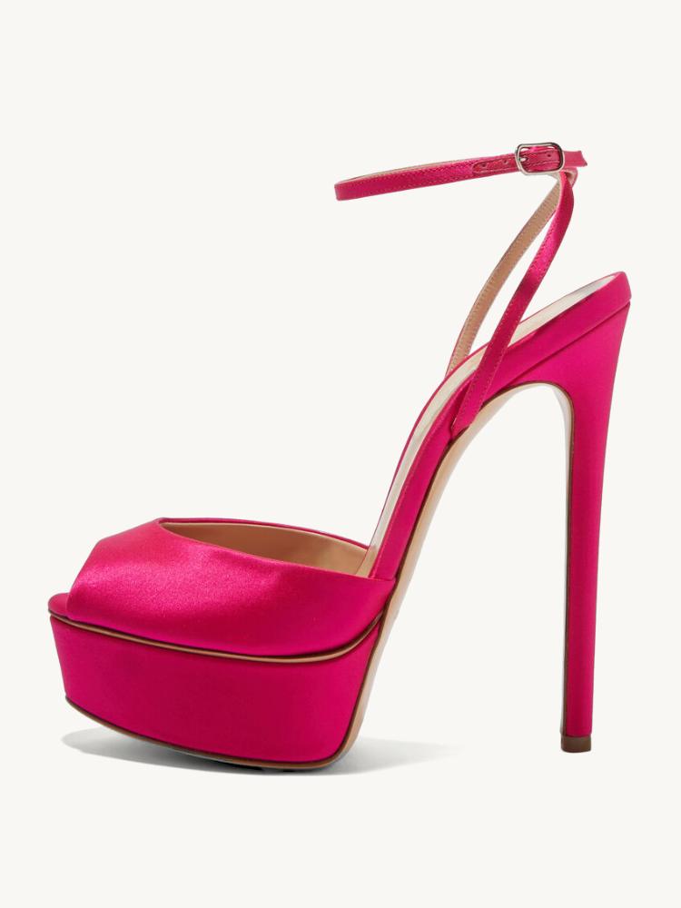 Hot Pink Platform Stiletto Heeled Sandals With Round Toe Ankle Strap