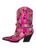 Metallic Hot Pink Satin Floral Embroidery Rhinestone Mid Calf Cowgirl Boots With Ankle Strap