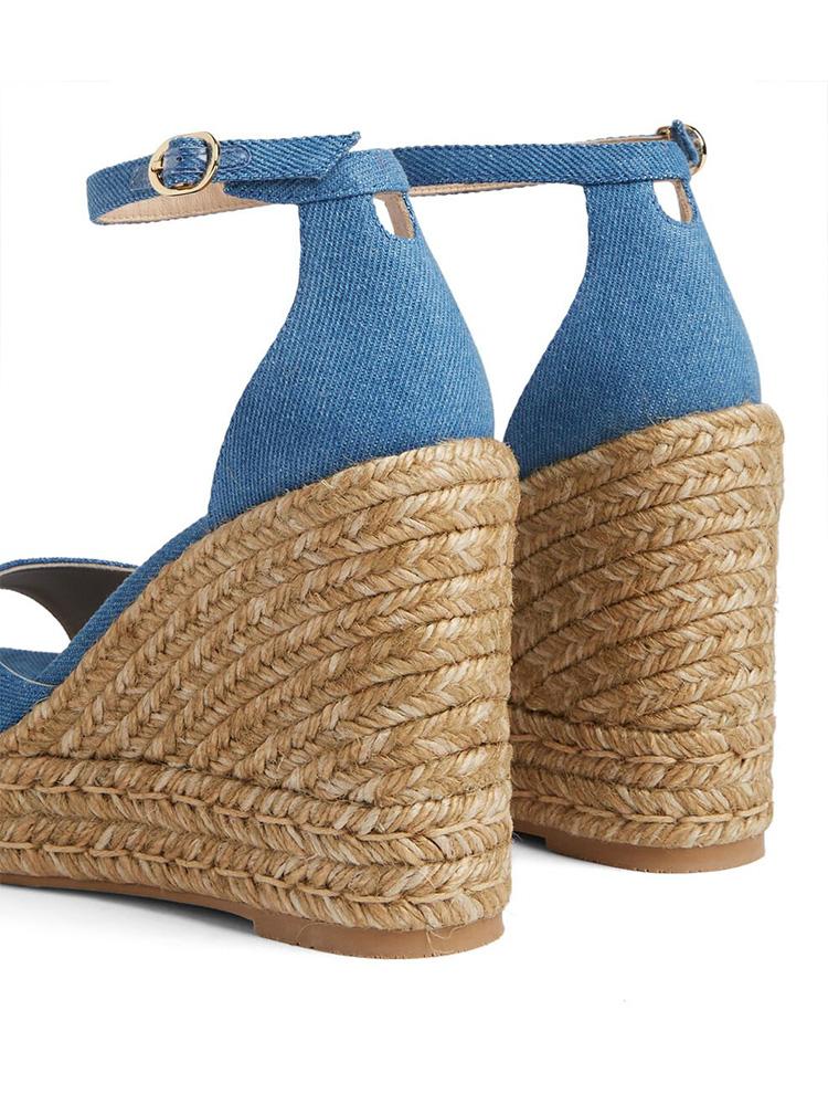 Blue Denim Open-toe Espadrille Wedge Sandals With Buckle Ankle Wrap
