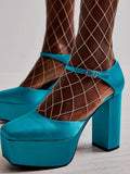 Turquoise Satin Square Toe Platform Block Pumps With Buckled Ankle Strap