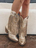 Metallic Stud Fringe Wide Mid Calf Boots Pointed Toe Block Heeled Western Cowgirl Boots