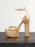 Metallic Gold Platform Block Heeled Sandals With Round Toe Ankle Strap