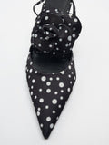 Black Polka Dot Flower Lace Up Pumps Pointy Kitten Heeled Gladiators