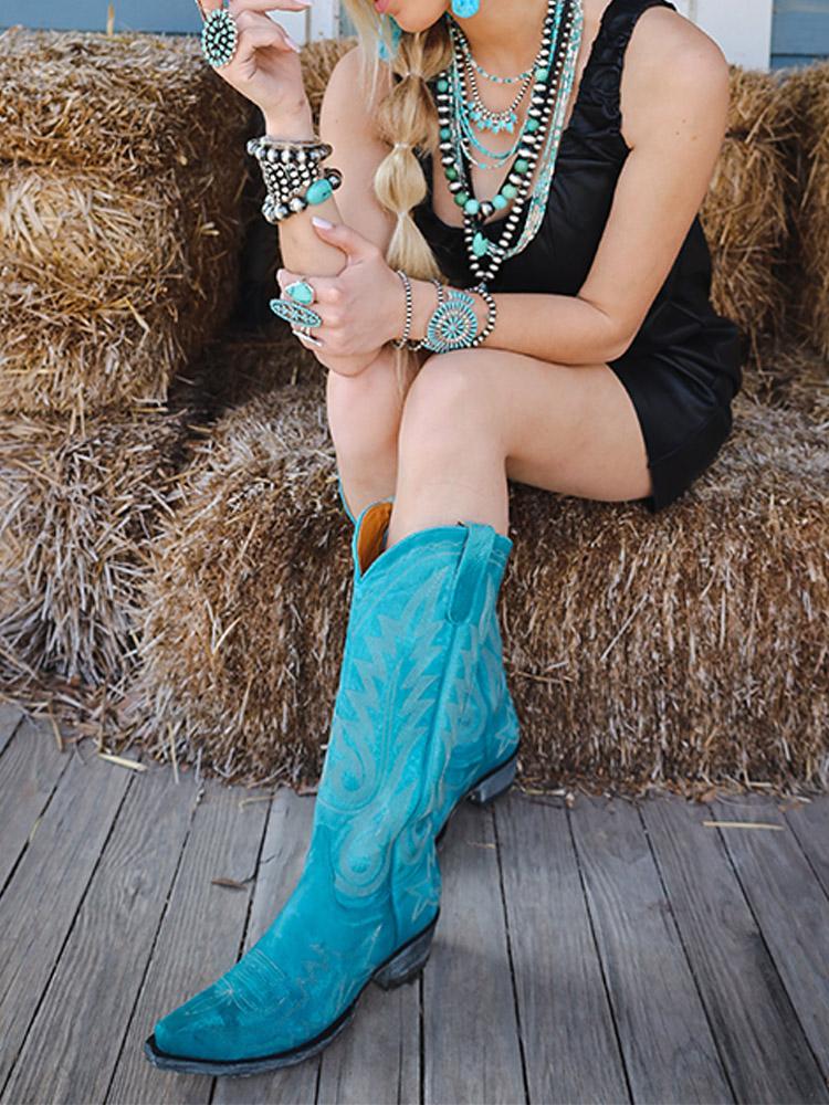 Embroidered Snip-toe Slip-on Knee High Western Cowgirl Boots