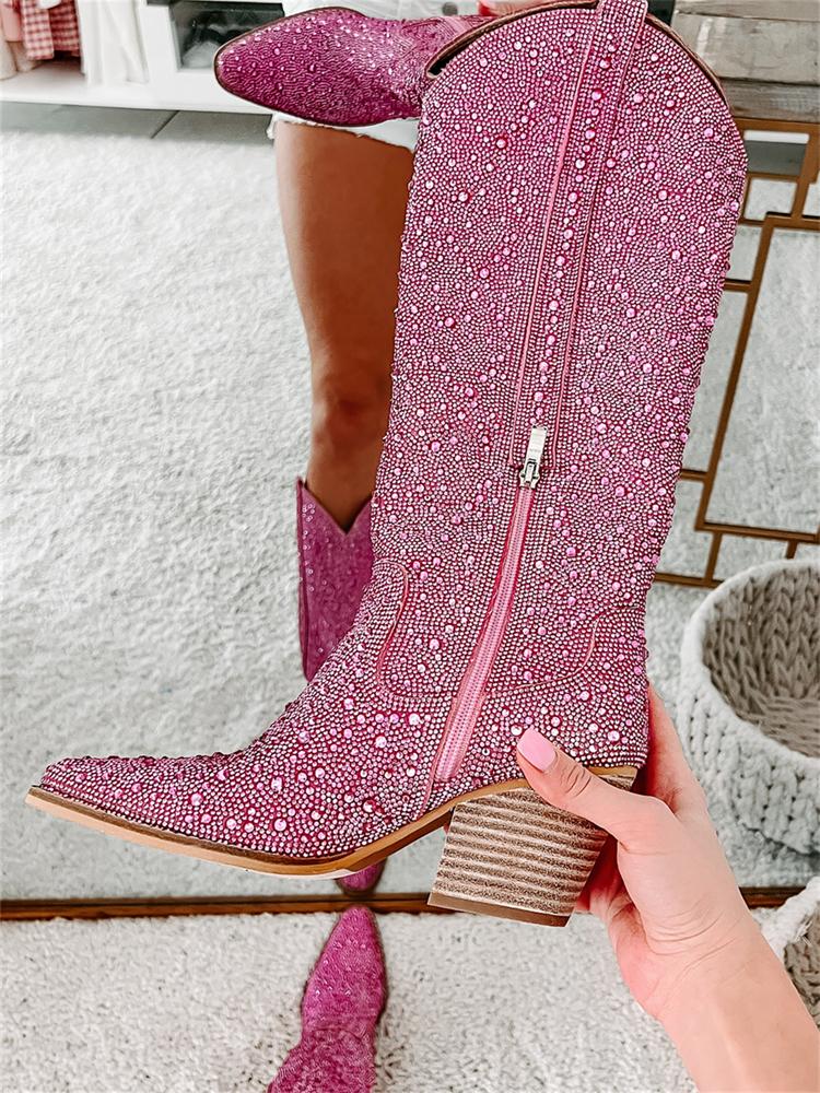 Pink Rhinestone Pointy Slip-on Mid-Calf Cowgirl Boots