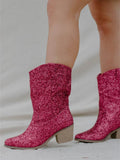 Glitter Pointed-Toe Slip-on Mid-Calf Western Boots