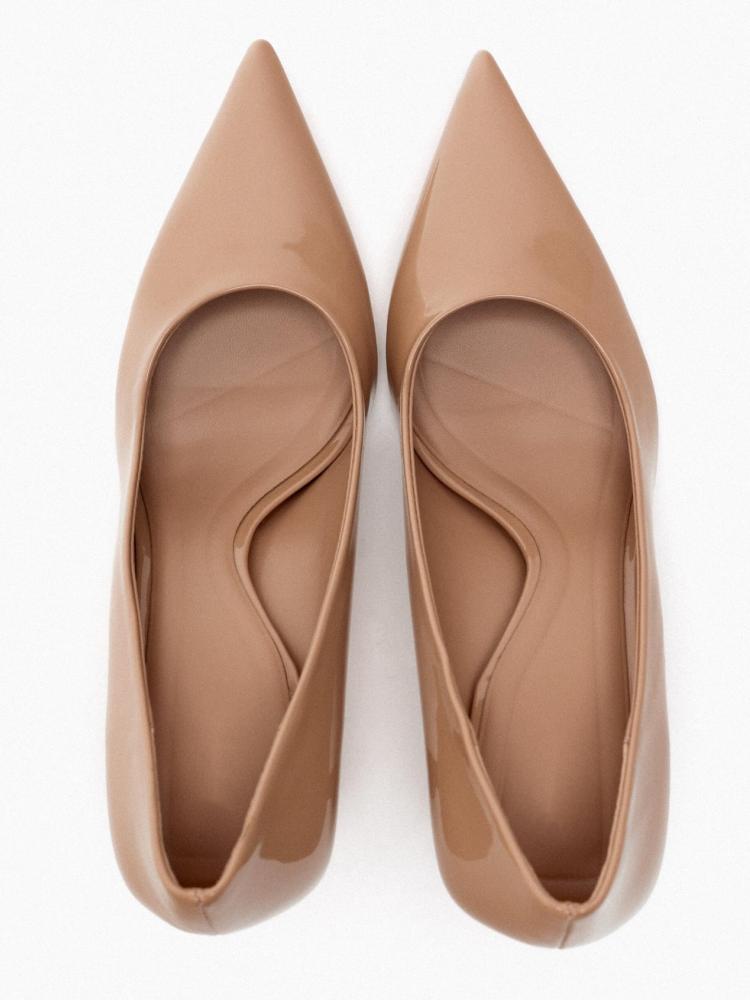 Beige Patent Pointy Kitten Flared Slip-On Pumps