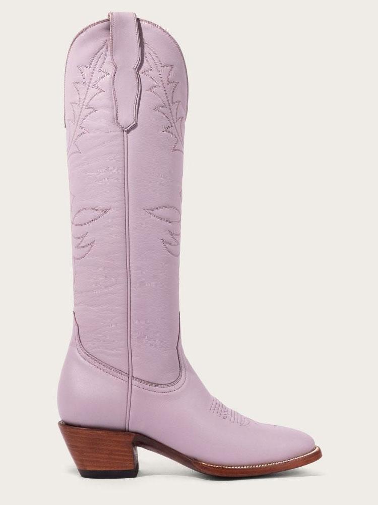 Lilac Purple Embroidered Wide Calf Knee High Boots Round Toe Western Heeled Boots