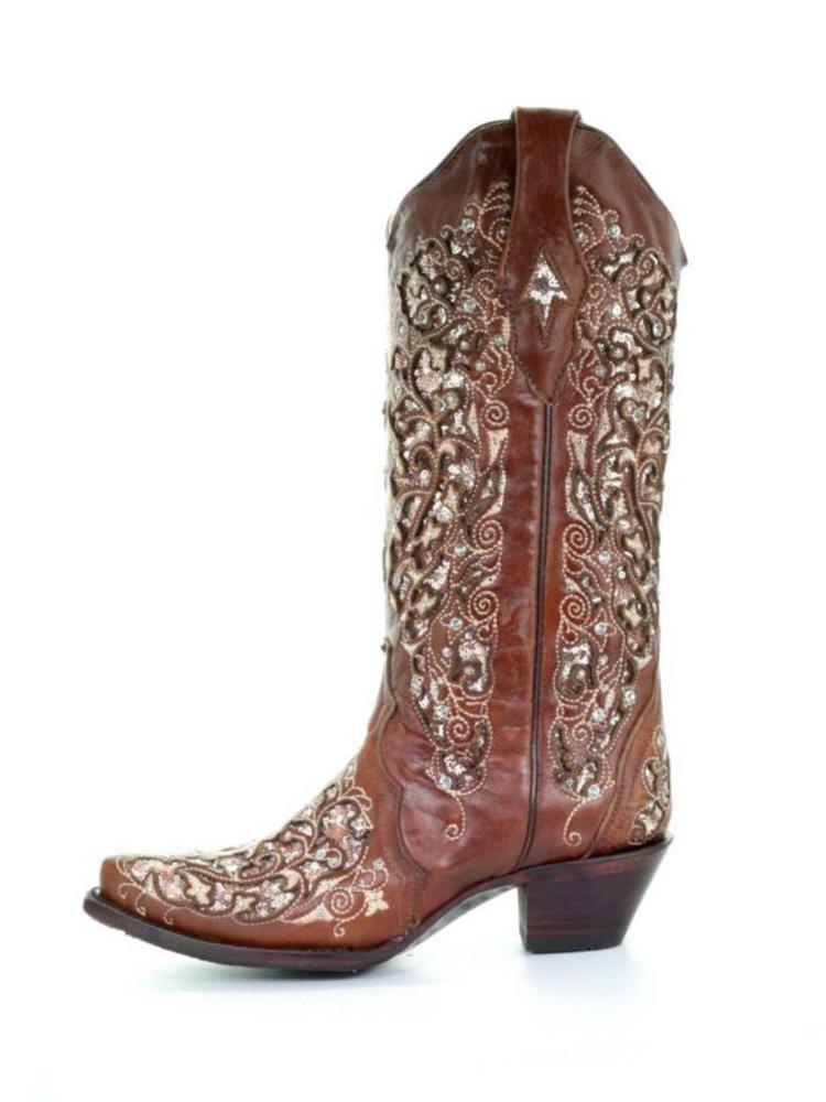 Rhinestones Cut-out Embroidery Snip-toe Wide Calf Cowgirl Boots