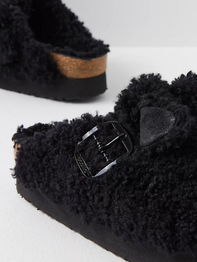 Buckle Fluffy Flat Mules Faux Shearling Open-Back Comfy Cork Clogs