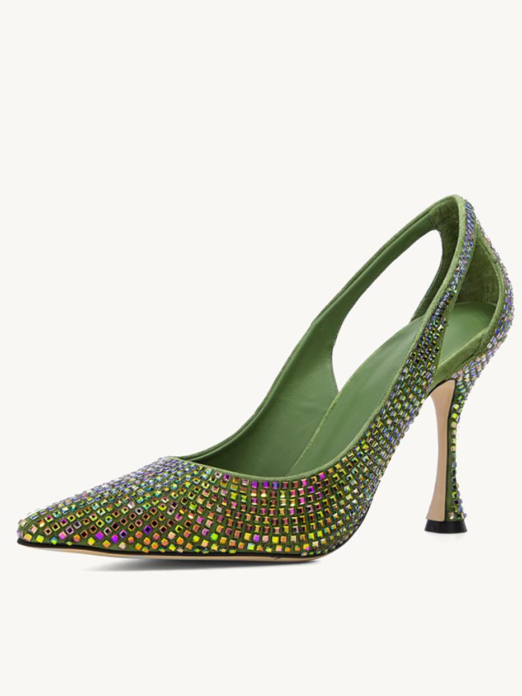 Green Rhinestone Cut-Out Pointed Toe Flared Heel Pumps For Women