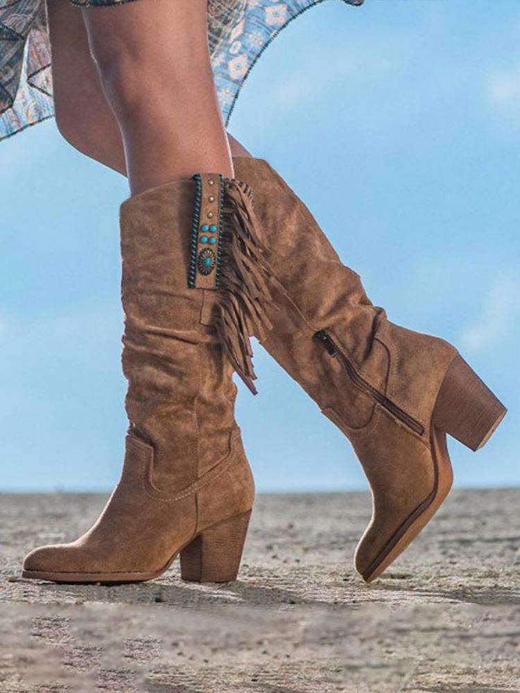 Faux Suede Fringed Pointed-toe Slip-on MId-Calf Women Western Boots With Jewels