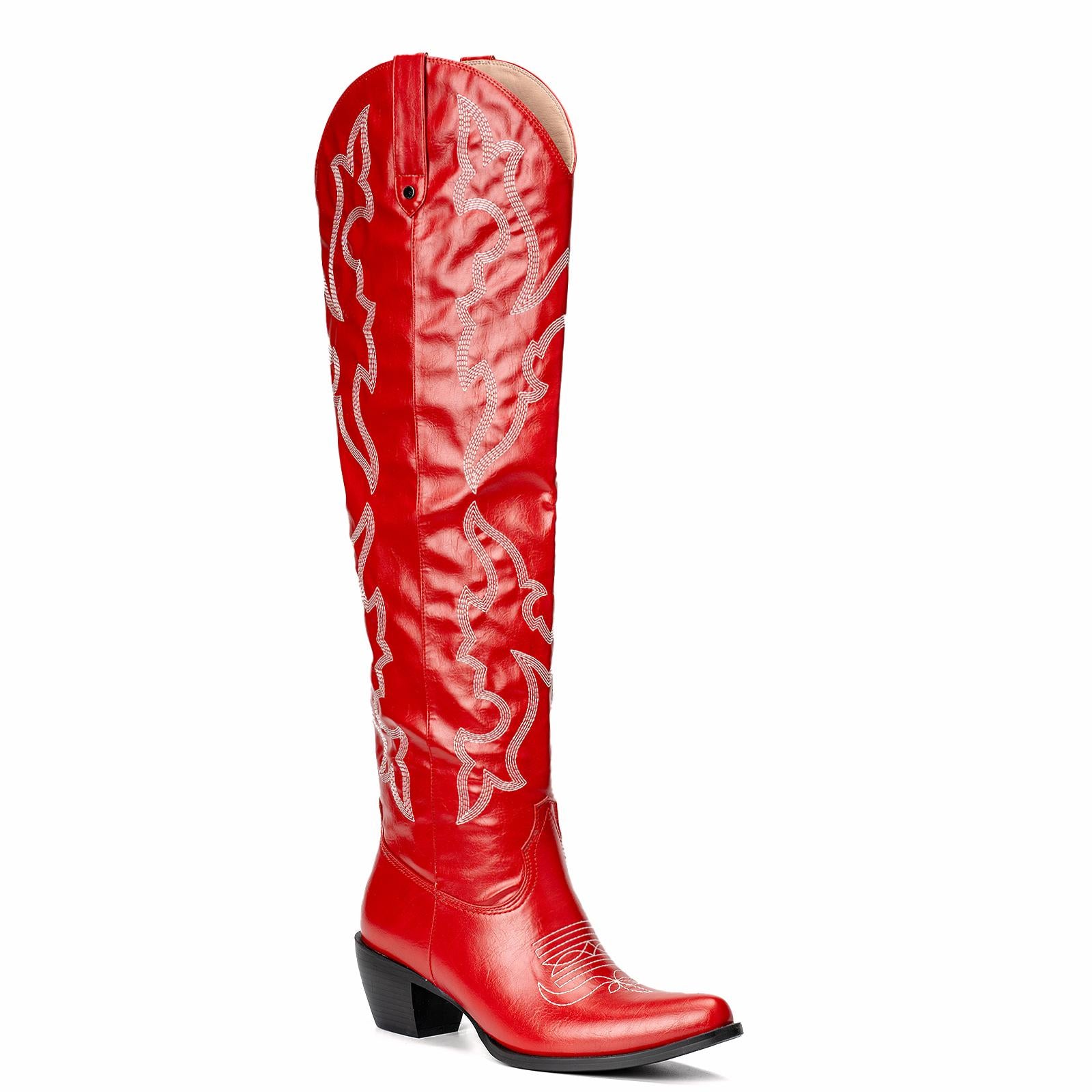 Red Embroidered Pointy Zipper Knee High Western Boots