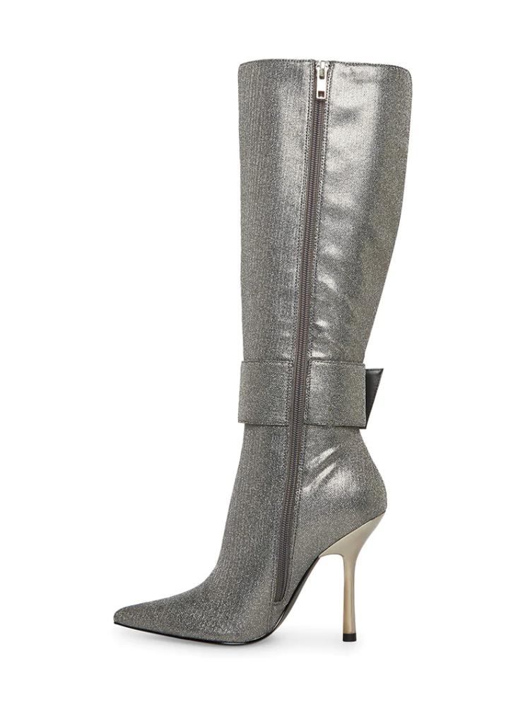 Fine Metallic Bright Buckle Zip Pointed Toe Stiletto Heel Mid Calf Boots