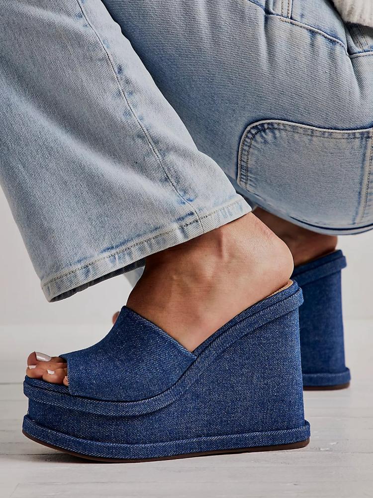 Denim Blue Single Band Platform Wedges Square Toe Backless Slip-On Sandals