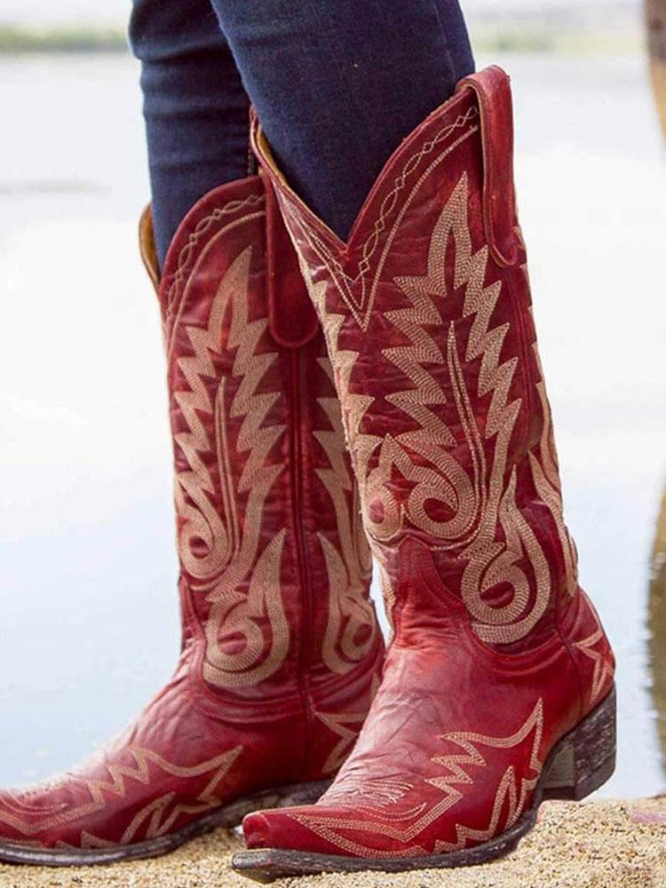 Embroidered Snip Western Wide Mid Calf Boots - Purple, Orange, Pink & Red