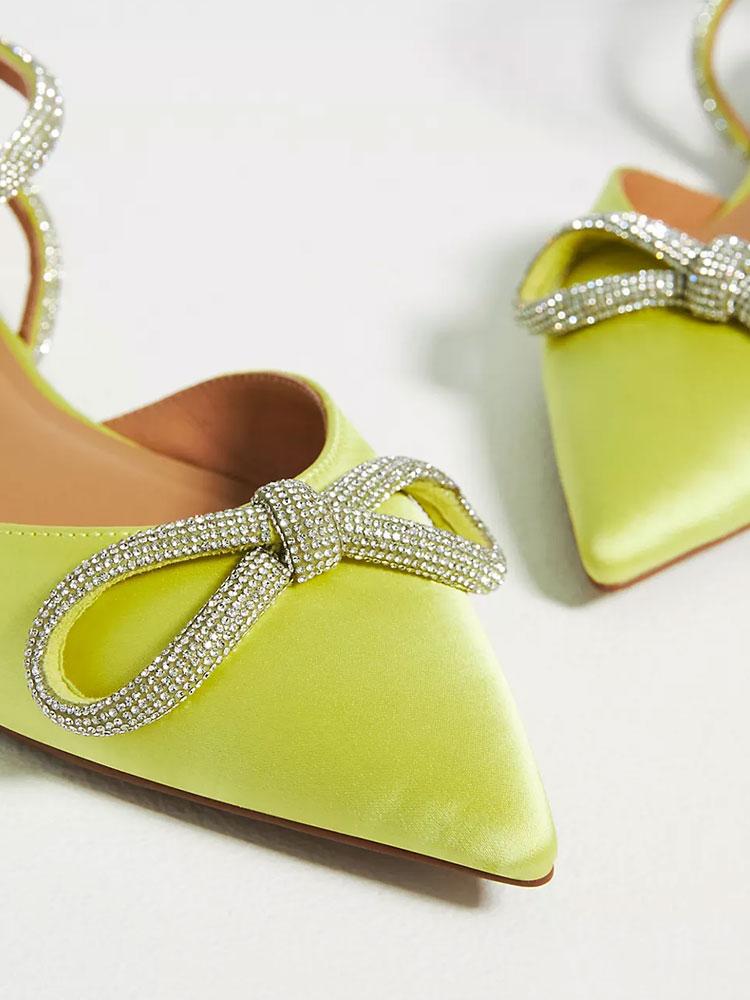 Satin Rhinestone Bow Pointy Buckled Ankle Strap Flats