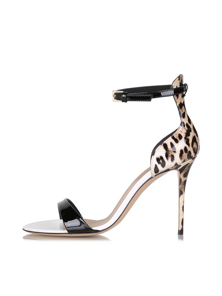 Glitter Leopard Print Round Stiletto Heeled Dress Sandals With Buckle Metallic Ankle Strap