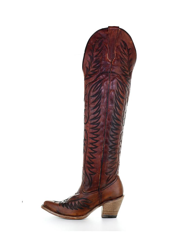 Distress Wing Embroidered Zip Pointy Knee-High Cowgirl Tall Vintage Boots