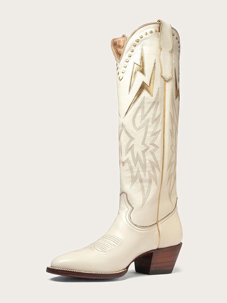 Bone Inlay Gold Lightning Knee High Boots Stitch Slip-On Round Cowgirl Heeled Boots