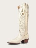 Bone Inlay Gold Lightning Knee High Boots Stitch Slip-On Round Cowgirl Heeled Boots