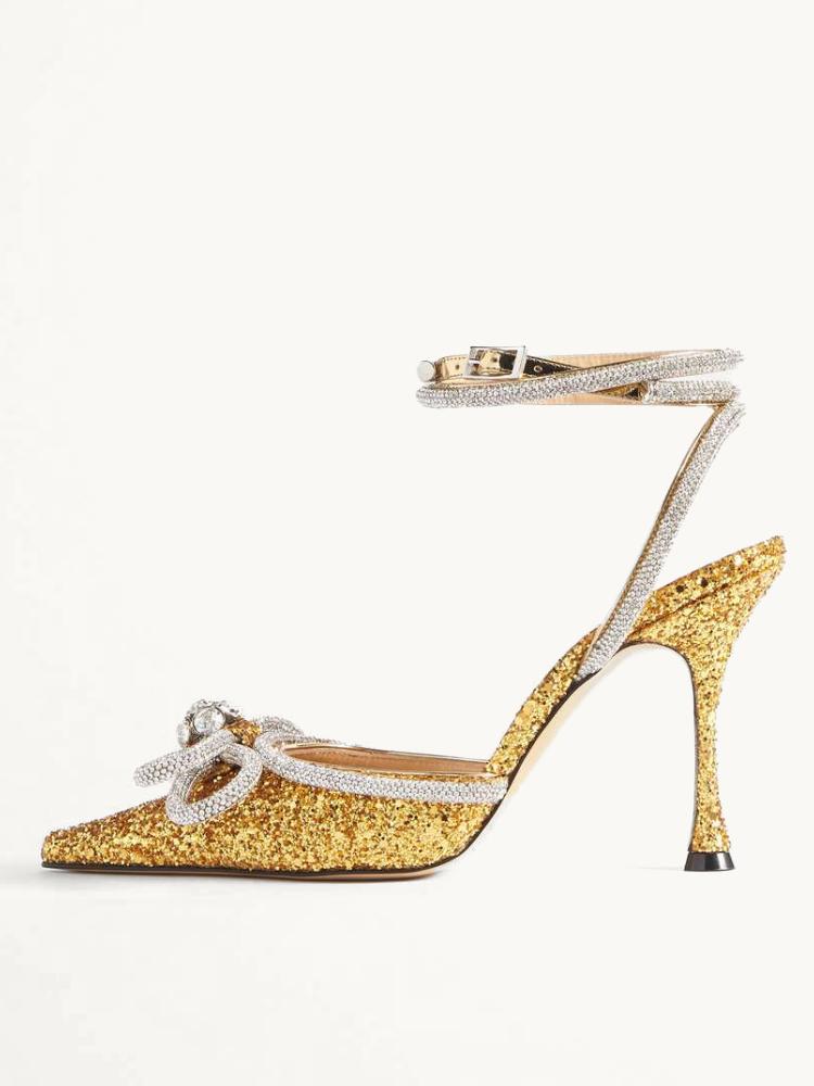 Gold Glitter Rhinestone Double Bow Pointy Flared Pumps With Ankle Wrap Strap