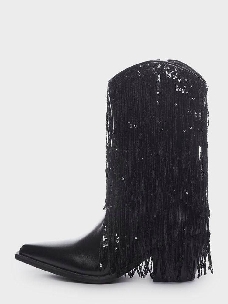 Metallic Sequin Fringed Zipper Pointy Chunky Heeled Western Cowgirl Ankle Boots