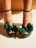 Metallic Green Pleated Bow Round Block Heeled Platform Sandals For Wide Feet