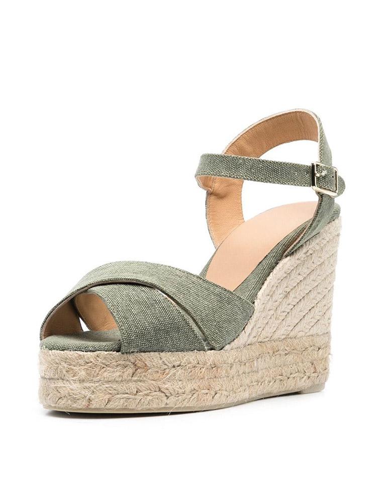 Oliva Green Cloth Cross Bands Open-toe Espadrille Wedge Sandals With Buckle Ankle Strap