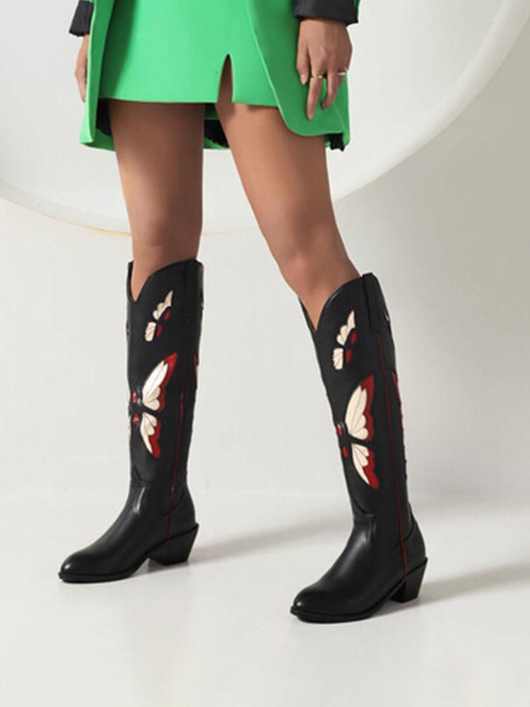 Butterfly Embroidery Pointed-toe Chunky Heels Wide Slip-on Knee High Cowgirl Boots