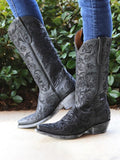 Black Embroidery Snip-toe Wide Mid-Calf Western Cowgirl Boots