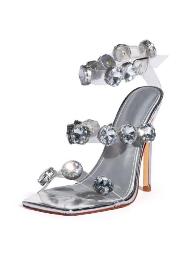 Silver Large Rhinestone Clear Strappy Square Toe Stiletto-Heeled Sandals