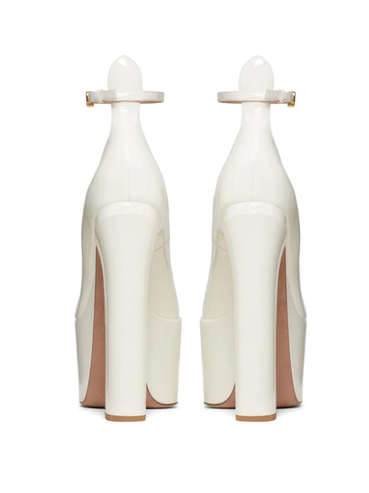 White Patent Pointy Platform Block Pumps With Buckled Ankle Strap