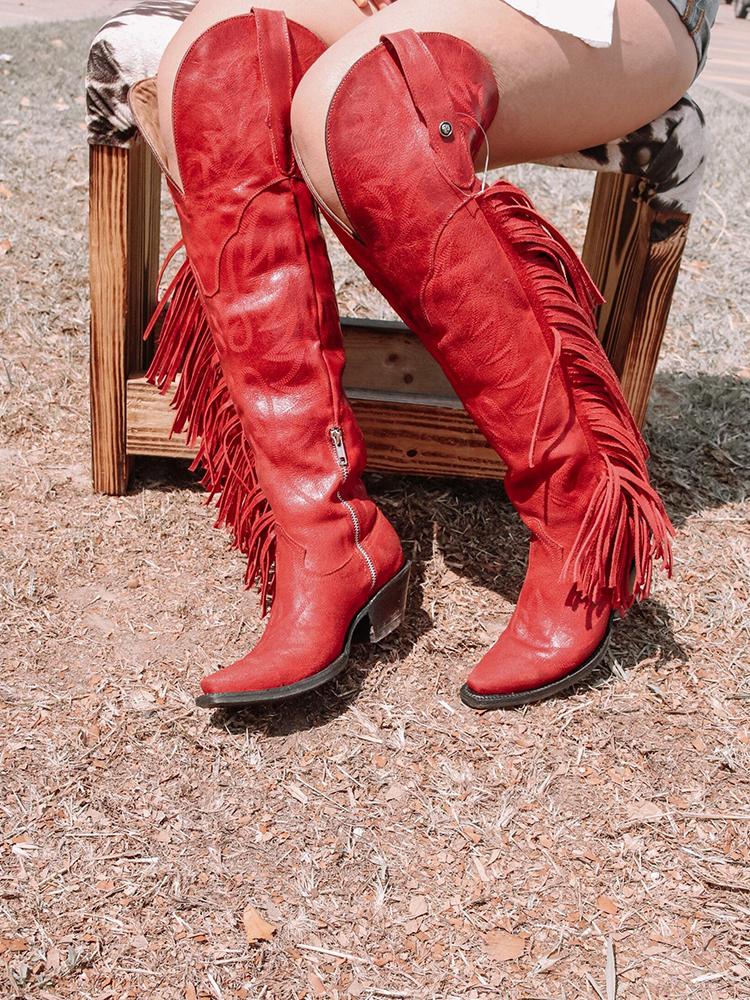 Red Fringe Embroidered Snip Zipper Knee High Cowgirl Boots