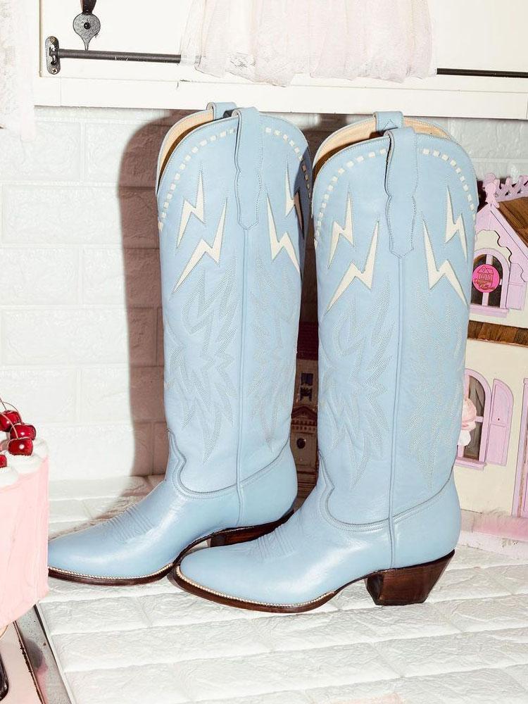 Light Blue Inlay White Lightning Knee High Boots Stitch Slip-On Round Cowgirl Heeled Boots