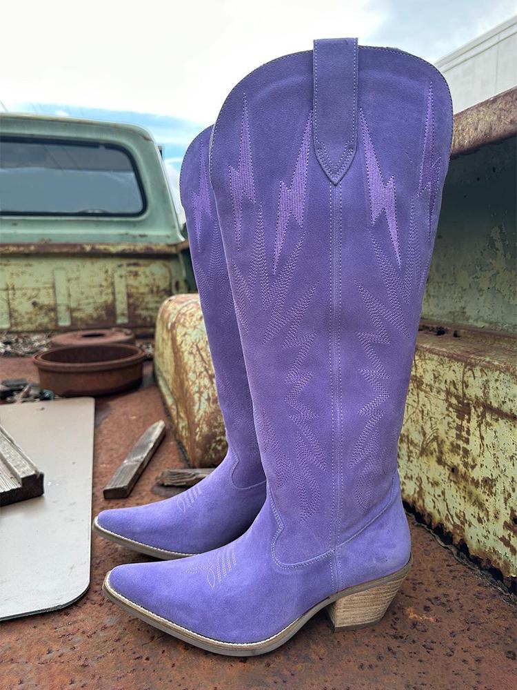 Purple Faux Suede Lightning Embroidered Snip Wide Mid Calf Cowgirl Boots