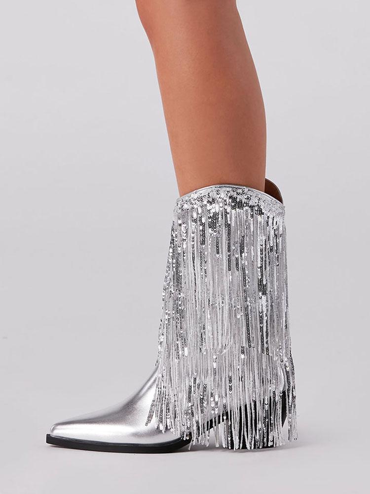 Metallic Sequin Fringed Zipper Pointy Chunky Heeled Western Cowgirl Ankle Boots