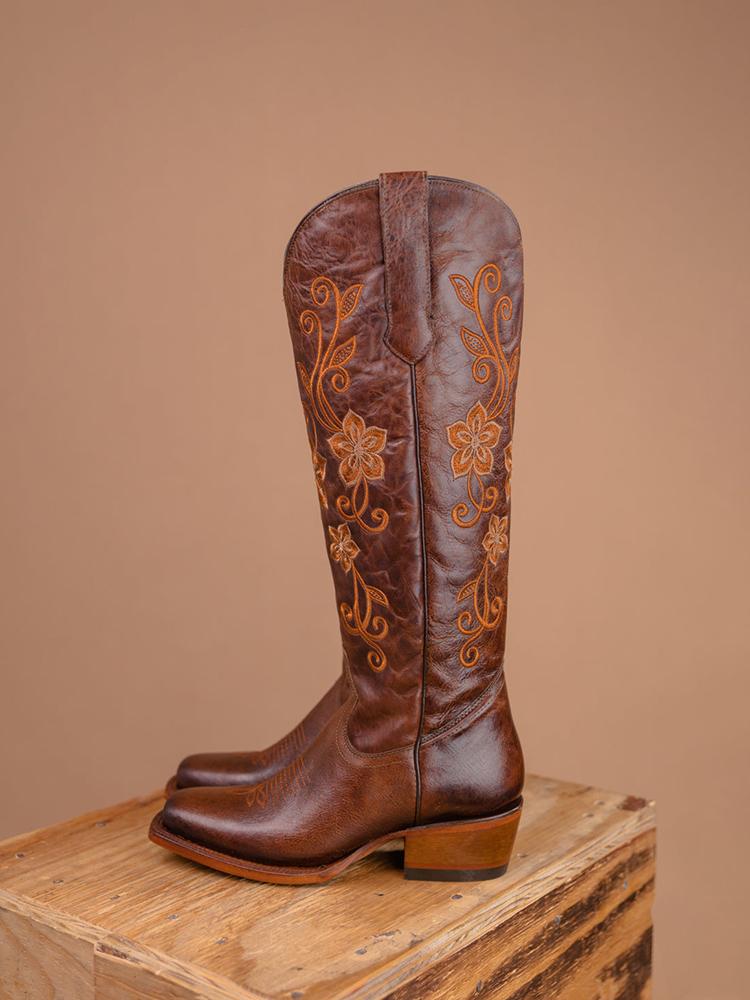 Brown Floral Embroidered Zip Square Mid Calf Cowgirl Genuine Leather Tall Boots