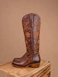 Brown Floral Embroidered Zip Square Mid Calf Cowgirl Genuine Leather Tall Boots