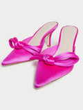 Pink Knotted Kitten Heel Satin Pumps Mules For Women