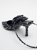 Black Polka Dot Flower Lace Up Pumps Pointy Kitten Heeled Gladiators