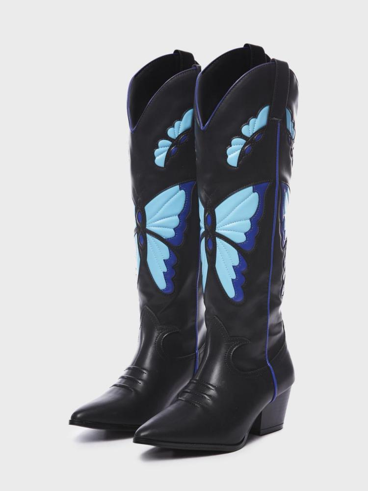 Contrast Butterfly Wing Inlay Stitch Pointed Toe Wide Mid Calf Cowgirl Tall Boots